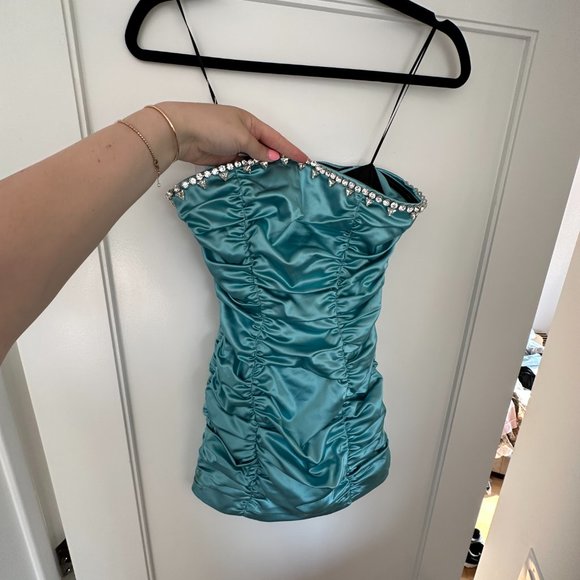 NWT Area Strapless Mini Dress Sz 2 Turquoise Crystal-Embellished Ruched Bodice - Picture 8 of 13